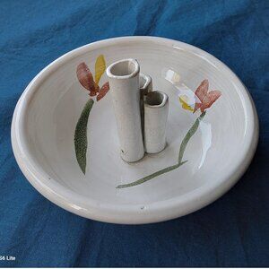 Studio pottery ikebana vase white red and yellow flowers floral greenery display